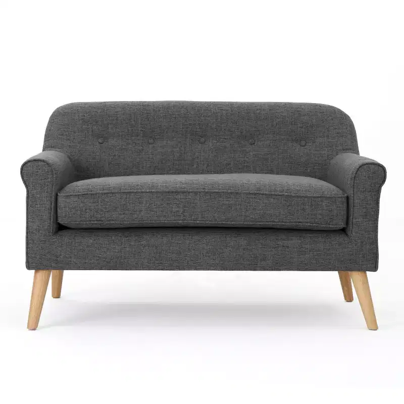 GDFStudio Halima Mid-Century Modern Tufted Loveseat with Rolled Arms and Splayed Rubberwood Legs