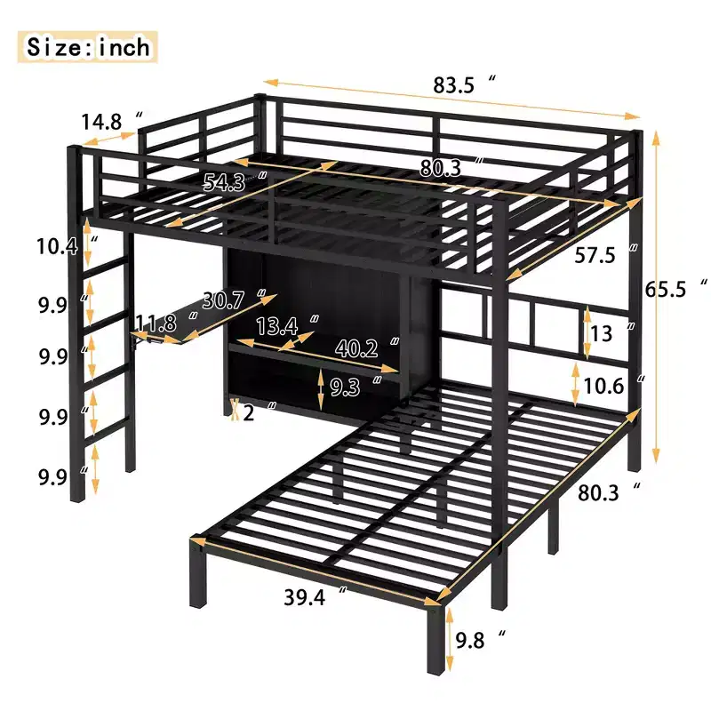 Bellemave Full XL Over Twin Metal Bunk Bed with Folding Desk, Closet with LED ,Space-Saving/Noise Reduced, Black