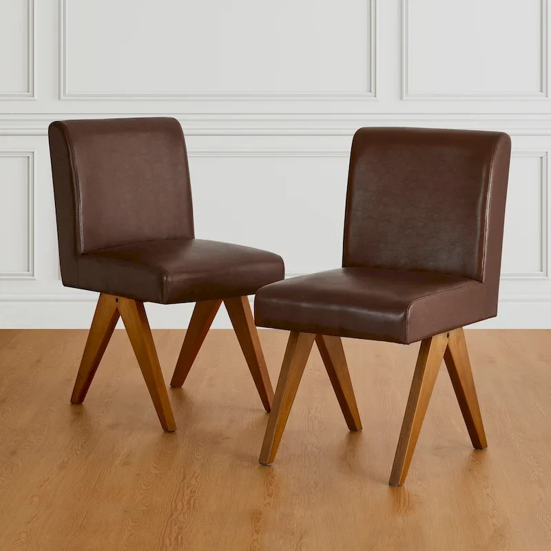 Faux Leather Upholstered Dining Chairs with V-Shaped Wood Legs