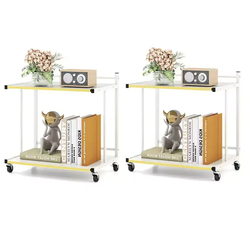 Costway 2PCS Mobile Side Table w/Open Shelves Golden Trimmed Edges Lockable Wheels