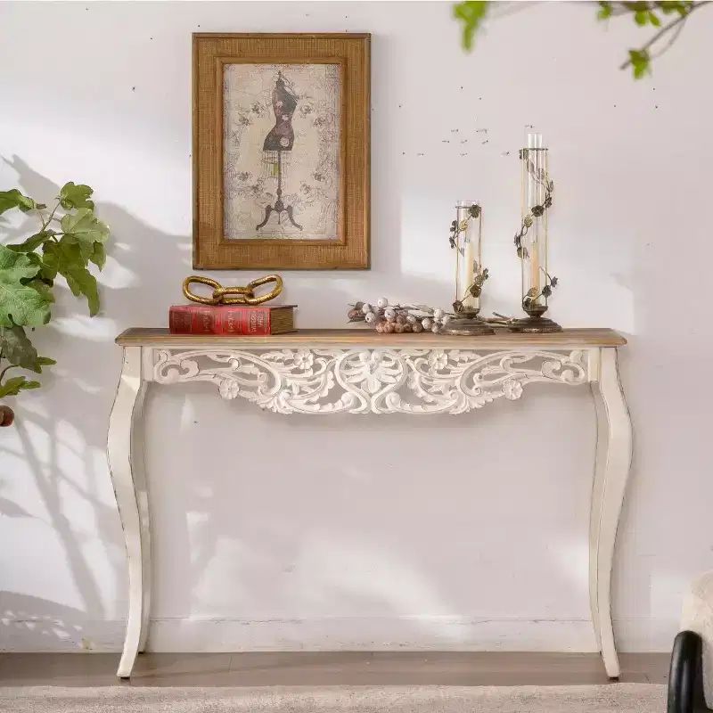 French Country Console Table with Carved Details and Curved Legs