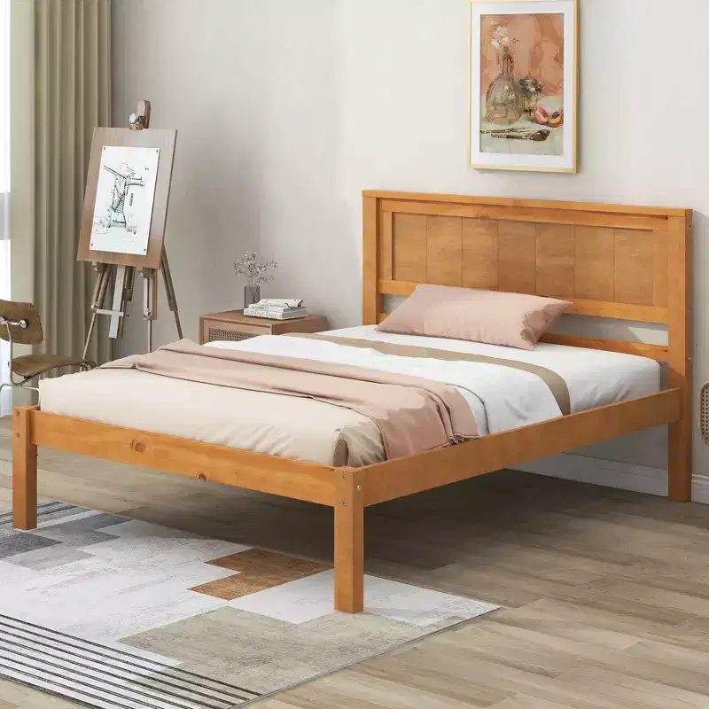 Twin Size Platform Bed With Headboard, Easy Assembly, Oak