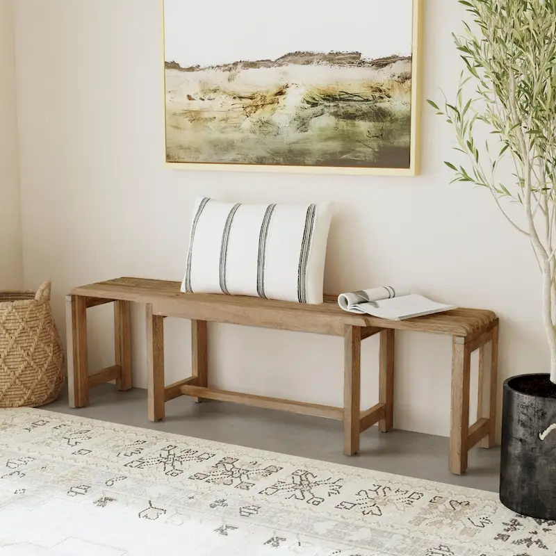 Natural Solid Mango Wood Extendable Bench – Slatted Top, Extends to 60