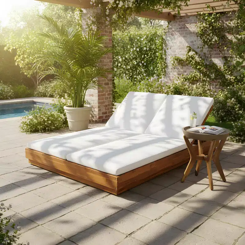 Christopher Knight Home Yichen Modern Acacia Patio Double Sunlounge Set with Concrete-Acacia Side Table