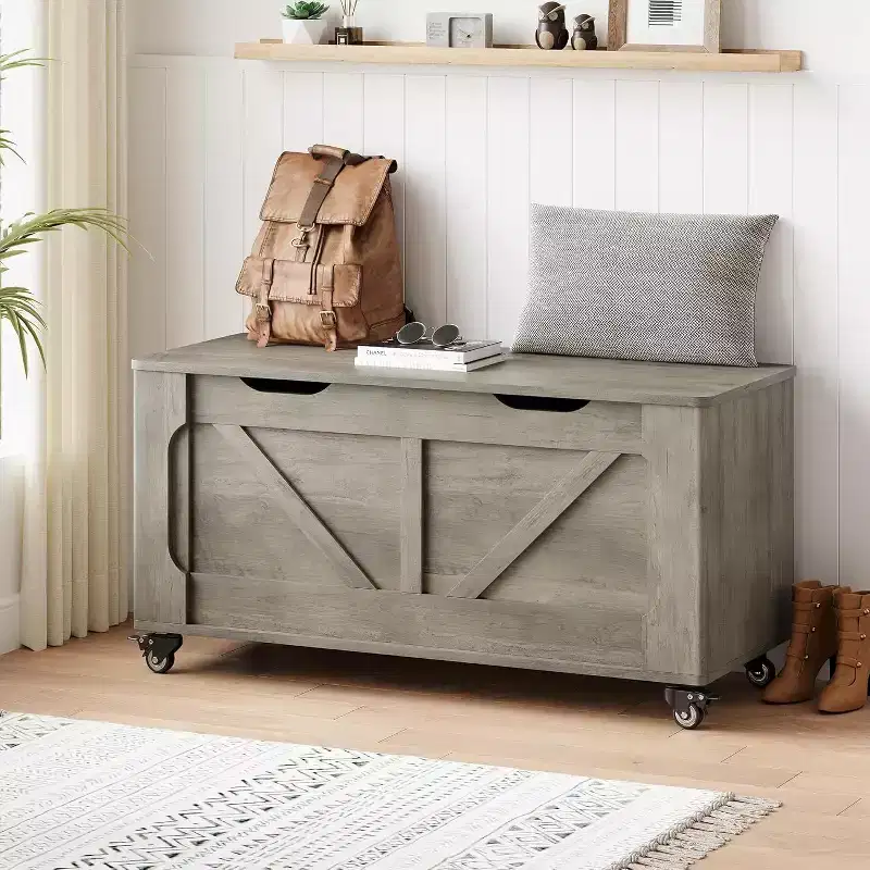 Storage Chest with Wheels, Wooden Trunk Bench 39.4