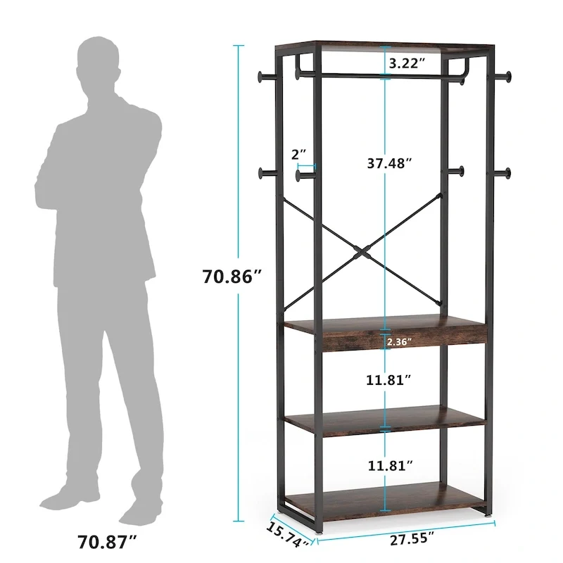 Freestanding Coat Rack with Shelves, 4 Shelves and 8 Hooks