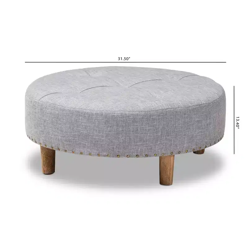 Baxton Studio Vinet Natural Wood Cocktail Ottoman Gray: Modern Upholstered Round Coffee Table, 250lb Capacity
