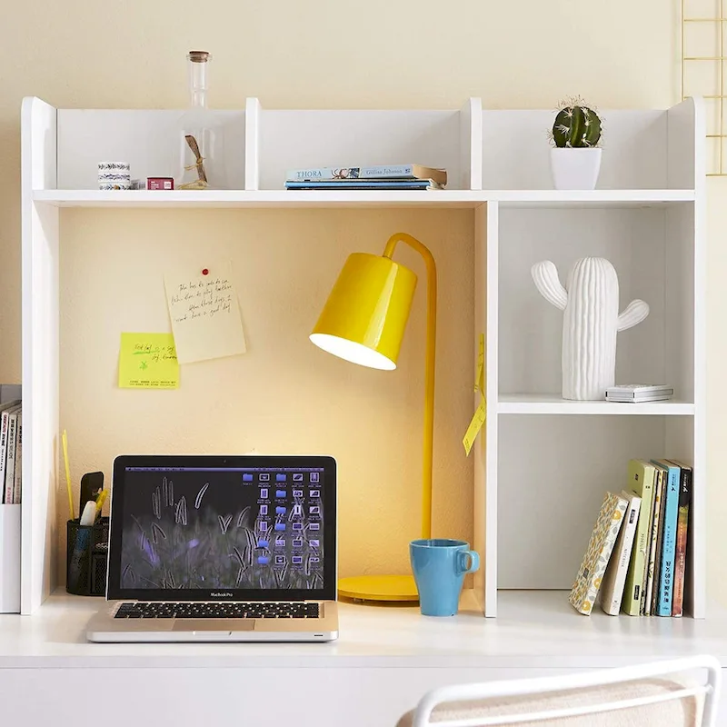 White Desk Hutch Bookshelf with Monitor Opening and Side Shelves for 1 Person