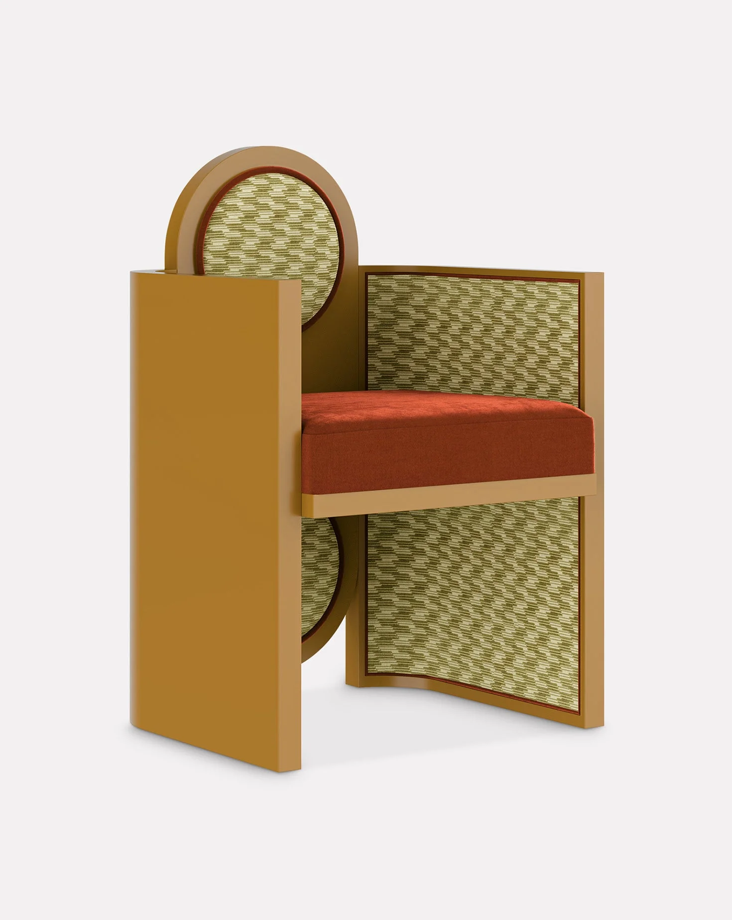 Recycled Geometric Velvet Lacquered Wood Sculptural Dining Chair