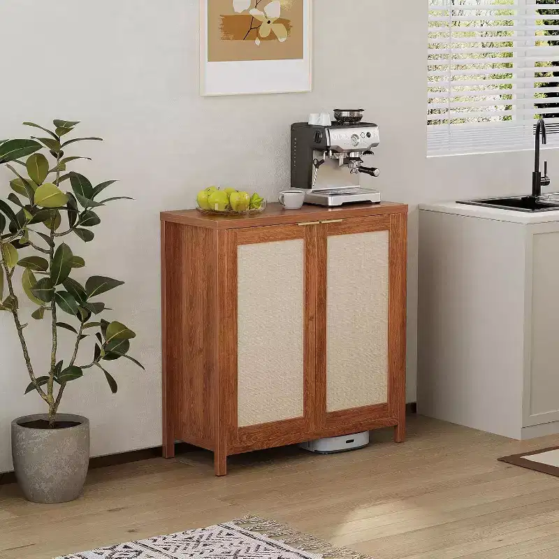 Wooden Sideboard Buffet Storage Cabinet with Rattan Paneled Doors, Adjustable Shelves Kitchen Cupboard Console Table, Perfect for Dining Room