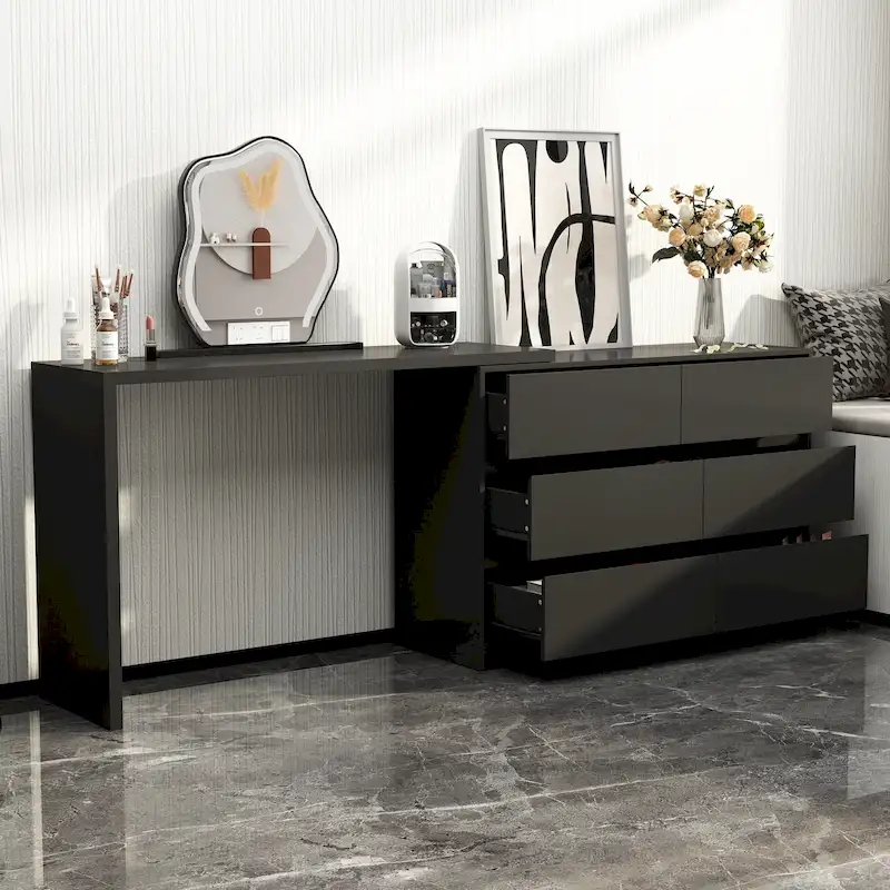 32.7H Rotating Dresser and Desk 6 Drawer Dresser Makeup Vanity White/Black