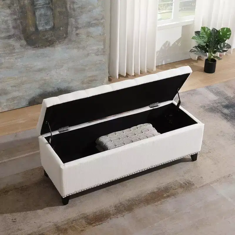47.5 Storage Ottoman Bench, Button Tufted Teddy End of Bed Bench with Safety Hinge, Ottoman for Living Room, Entryway, 500lb Capacity