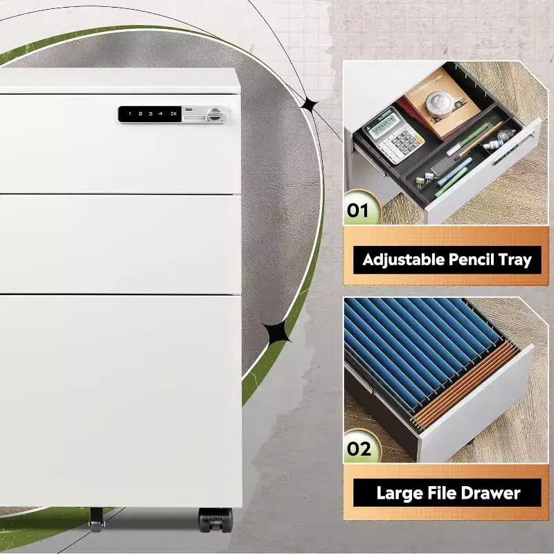 3-Drawer Cabinet with Smart Lock, Pre-Assembled Steel Desk