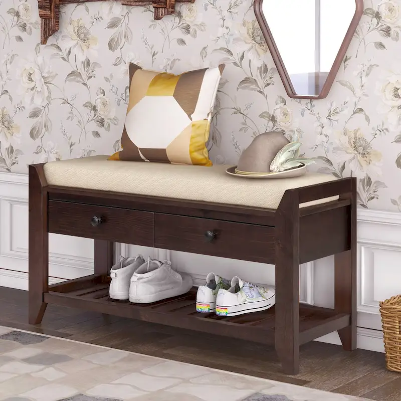 Shoe Bench with Cushioned Seat and Drawers – White / Espresso / Grey, Pine Wood