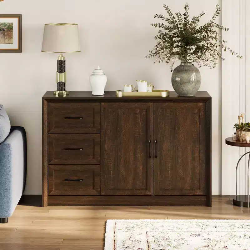 Wood - Grain Buffet Chest Kitchen Cabinet with Anti - Tipping Device - 3 Drawers+2 Doors for Kitchens or Living Room Storage