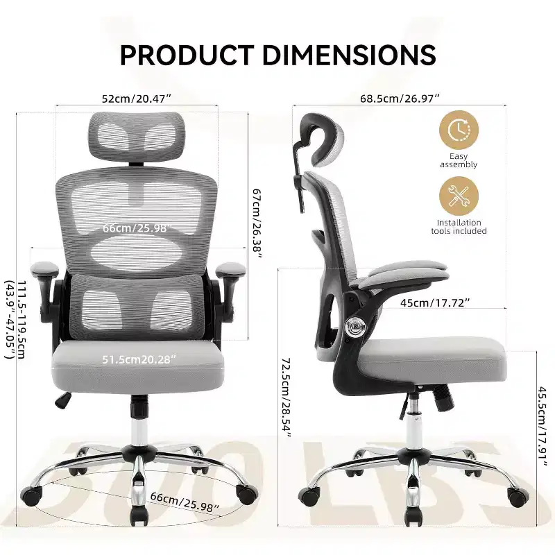 COZONY Ergonomic Desk Chair - Home Mesh Office Desk Chair with Wheels, High-Back Computer Gaming Chair with Adjustable Headrest for Home, Office, Gray