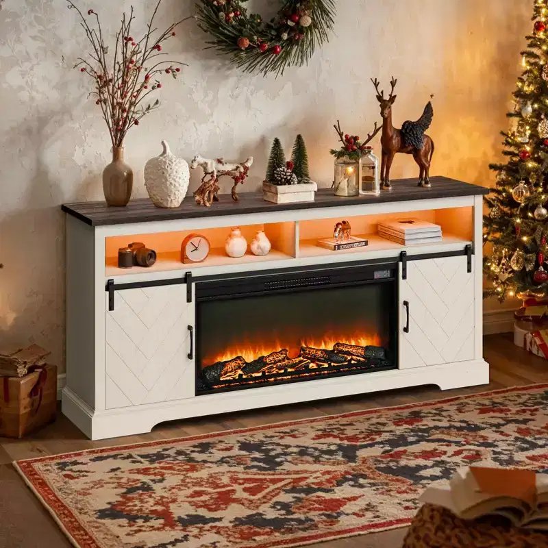 Farmhouse Fireplace TV Stand for TVs up to 80 Inch - Entertainment Center with 36 Inch Electric Fireplace & LED Lights, White