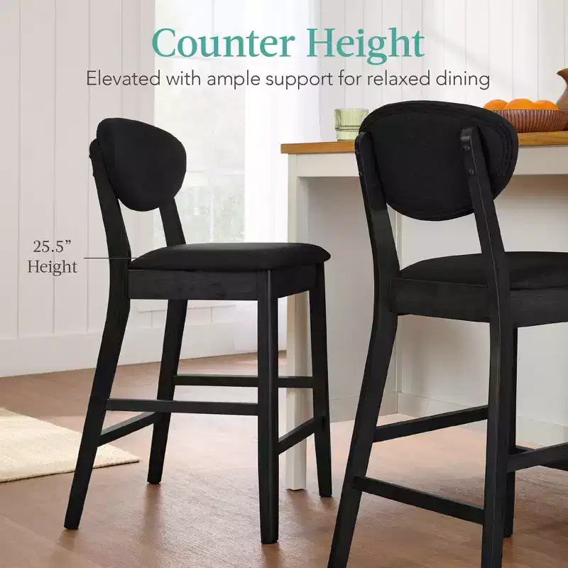 2-Piece Mid-Century Modern Wood and Upholstered Counter Height Bar Stool Set