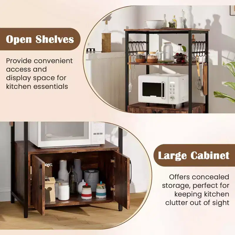 Costway 3-Tier Kitchen Bakers Rack with Cabinet 2 Open Shelves 10 S-Shaped Hooks