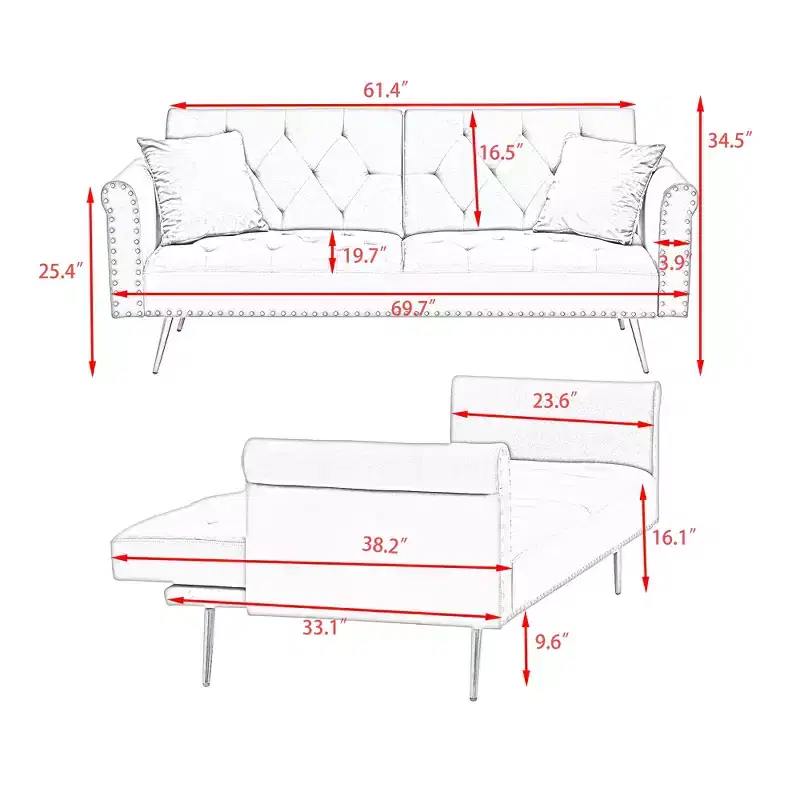 Black Velvet Fabric Sofa Featuring Nail Head Trim and Accompanied By A Matching Throw Pillow