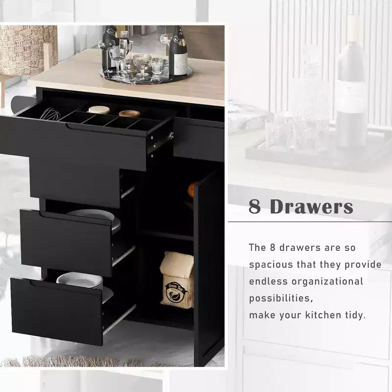Whisen Modern Kitchen Island with 8 Handle-Free Drawers and 5 Wheels