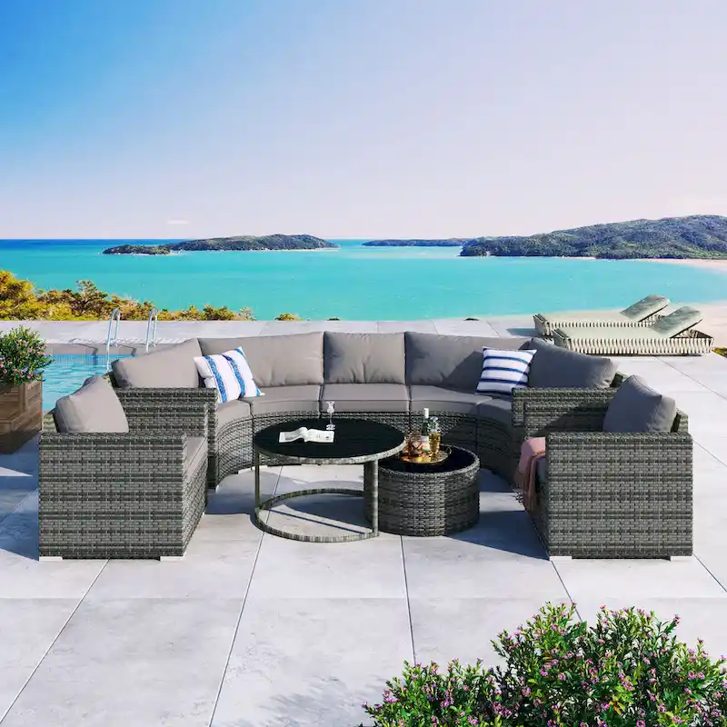 9-Piece Half-Moon Sectional Set with Nesting Table & Armchairs