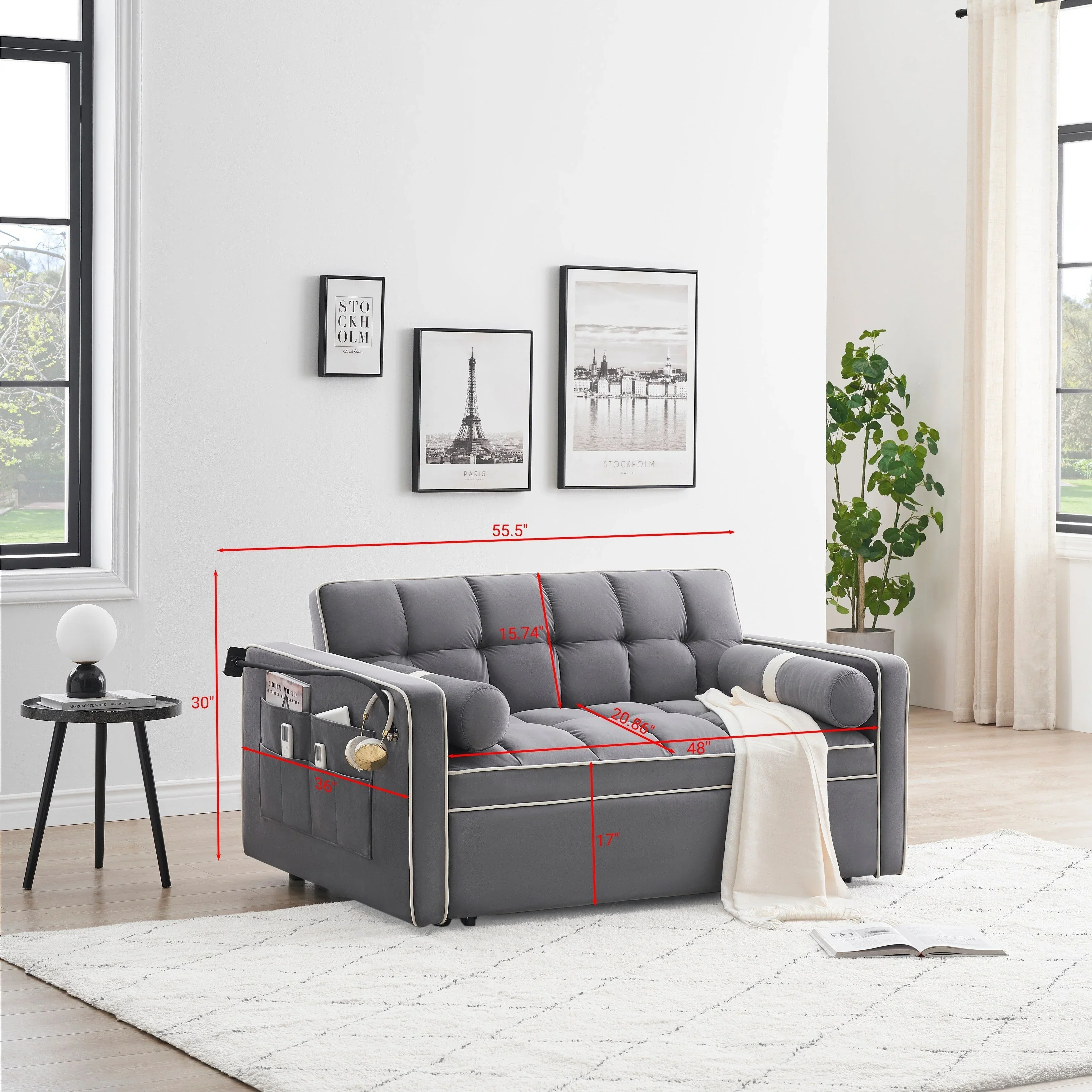 Velvet Convertible 55'' 2-Seater Sleeper Sofa with Pull-Out Bed, Adjustable Recline, Side Pockets, and Phone Holder