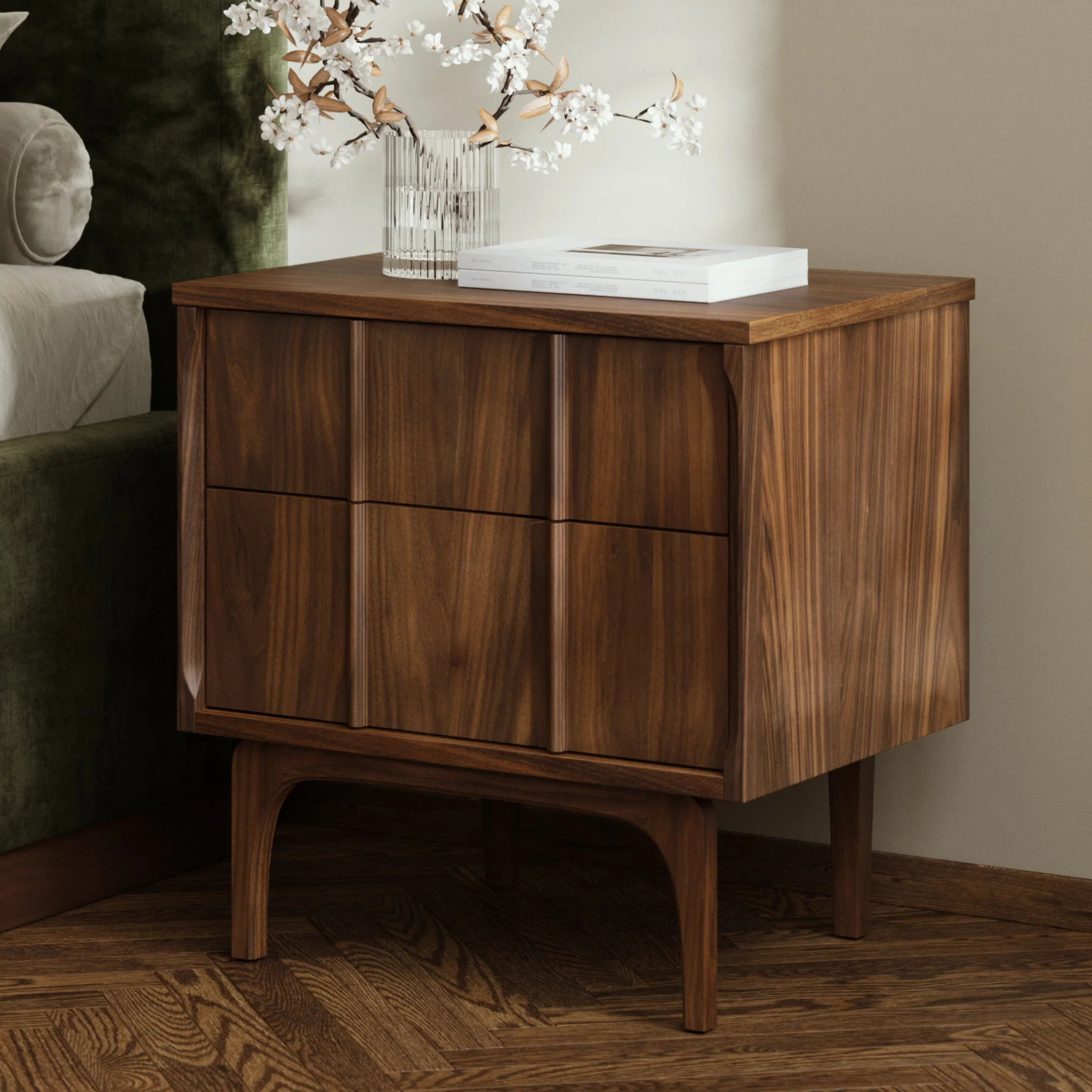 Mid-Century Modern Walnut Walnut Wood Nightstand with Solid Walnut