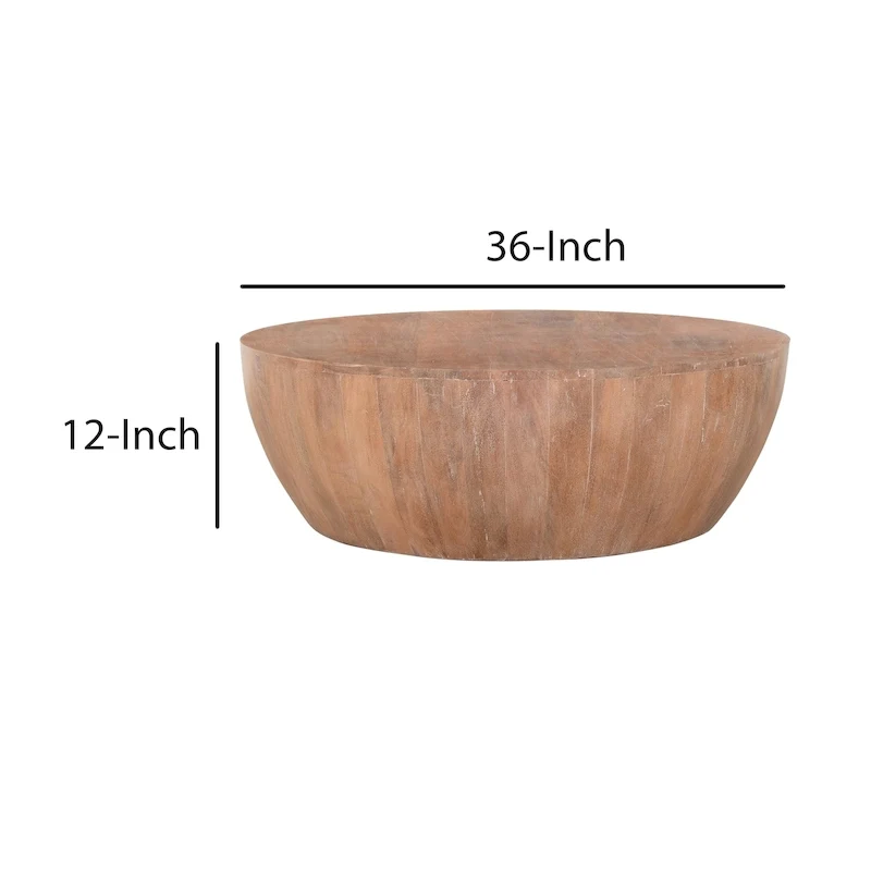 Round Mango Wood Coffee Table with Plank Base, Distressed Brown