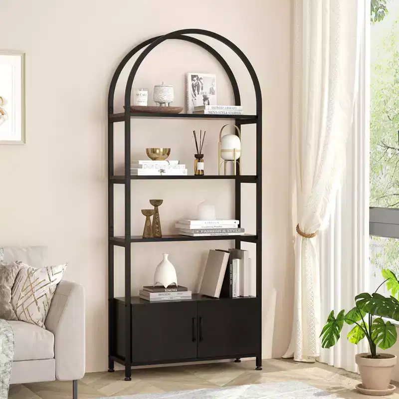 4-Tier Arched Bookshelf with Doors Storage Rack, 71.5 Inch High Industrial Bookshelf with Metal Frame, Open Curved Bookcase, Display Rack