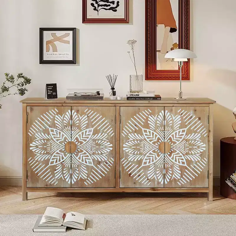 Okak 60in Antique Accent Cabinet, Rustic Wood Sideboard Cabinet with Four Carved Patterns Doors, Storage Cabinet for Kitchen, Dining Room