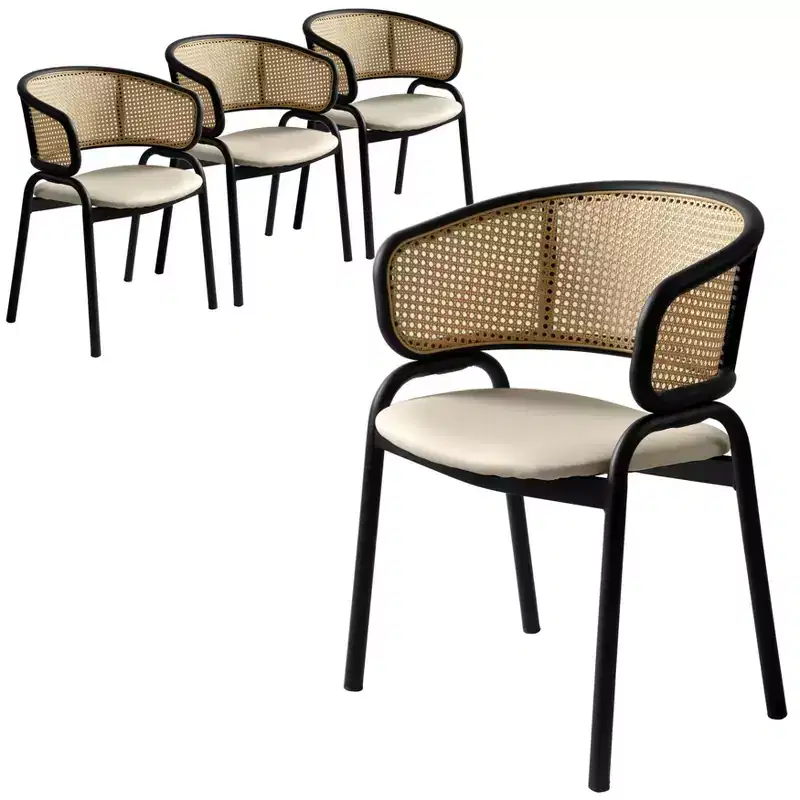 Wicker Back Dining Chairs with Leather Seat and Black Steel Frame, Modern Indoor Kitchen, Dining Room, Table Seating