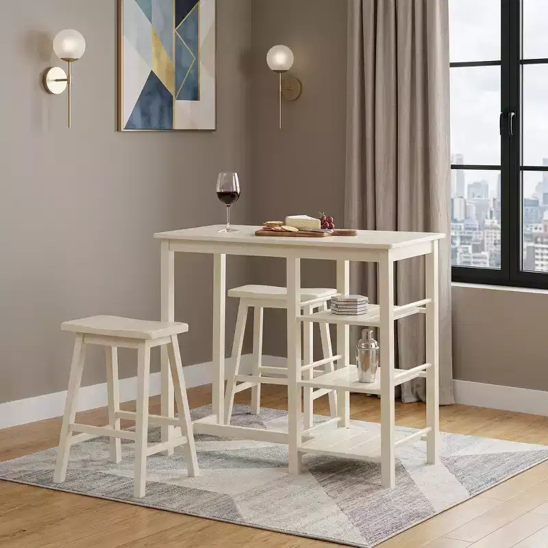 HomeRoots Three Piece Cream Solid Wood Counter Height Bar Table Set