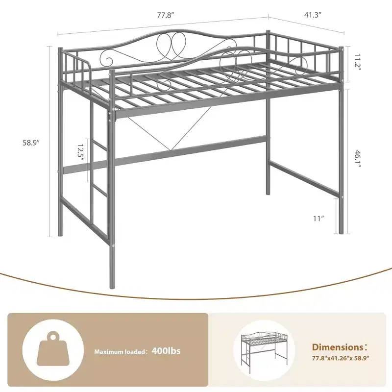Single loft bed  Heavy-duty metal frame, removable ladder, full-length safety rails, 400 lbs weight capacity, no mattress base required