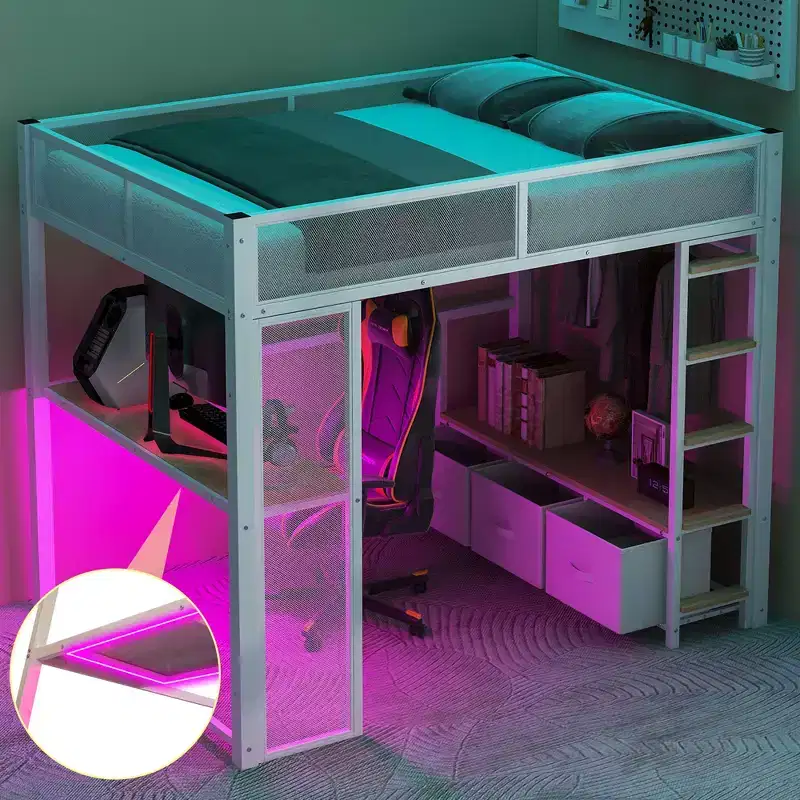Bellemave Full Size Metal Gaming Loft Bed with LED, Desk, Open Wardrobe and 3 Linen Storage Drawers,White