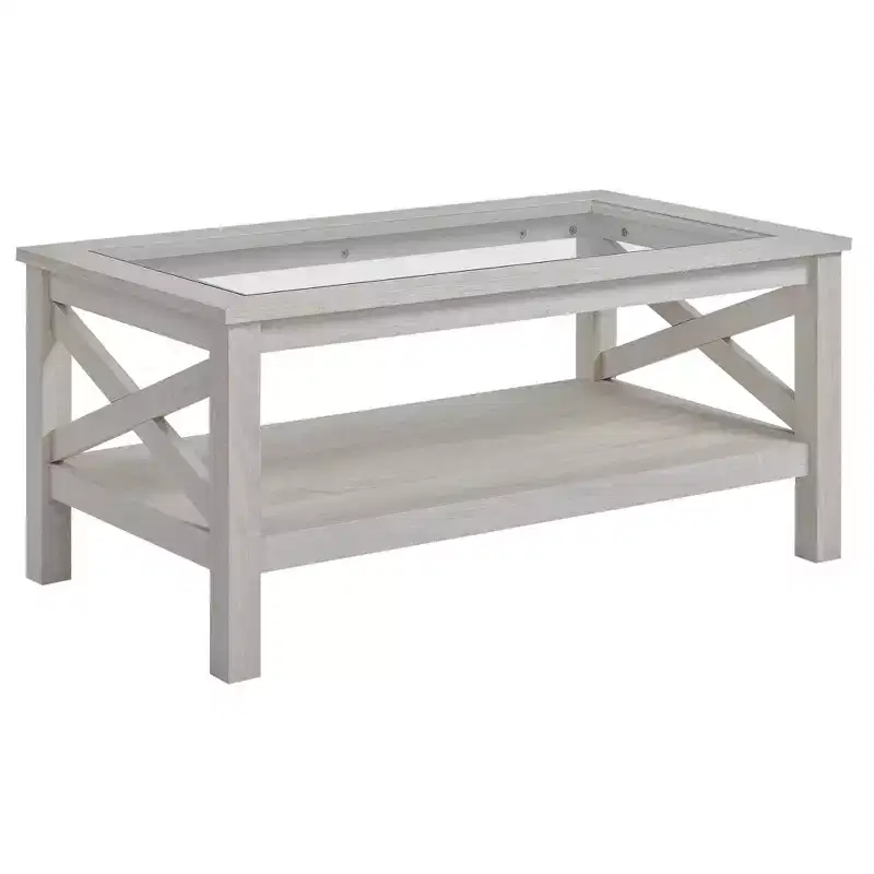 Farmhouse Style Coffee Table with Wood Frame, Tempered Glass Tabletop and Underneath Storage Shelf for Living Room, White Oak