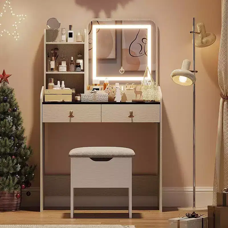 Acekool Vanity Desk with LED Mirror, Charging Station, 2 Drawers, Storage Stool, 3-Color Lighting, Small Makeup Table, White Black