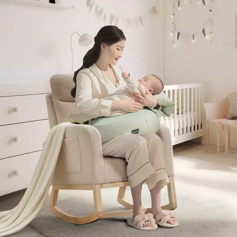 Nursery Glider Rocking Chair – Upholstered Teddy Fabric, High Backrest & Side Pockets