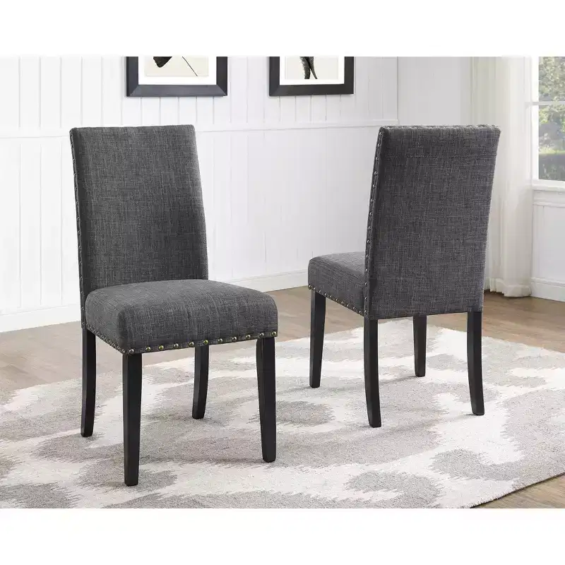 Roundhill Furniture Biony Fabric Dining Chairs with Nailhead Trim, Gray, Set of 2