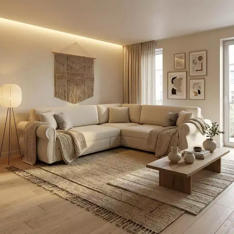 Homy Casa 88 L-Shaped Sleeper Sofa with Pull-Out Bed, Chenille Upholstery, 5-Seat, Beige