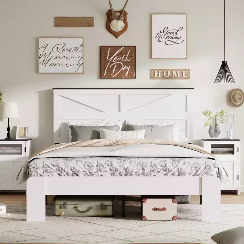 Natural Style All Size Bedroom Platform Bed with Farmhouse Wood Headboard,Modern Bed Frame No Box Spring Needed