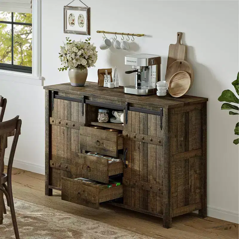 3-Drawer Kitchen Storage Cabinet Sideboard Buffet Cupboard with Sliding Barn Door