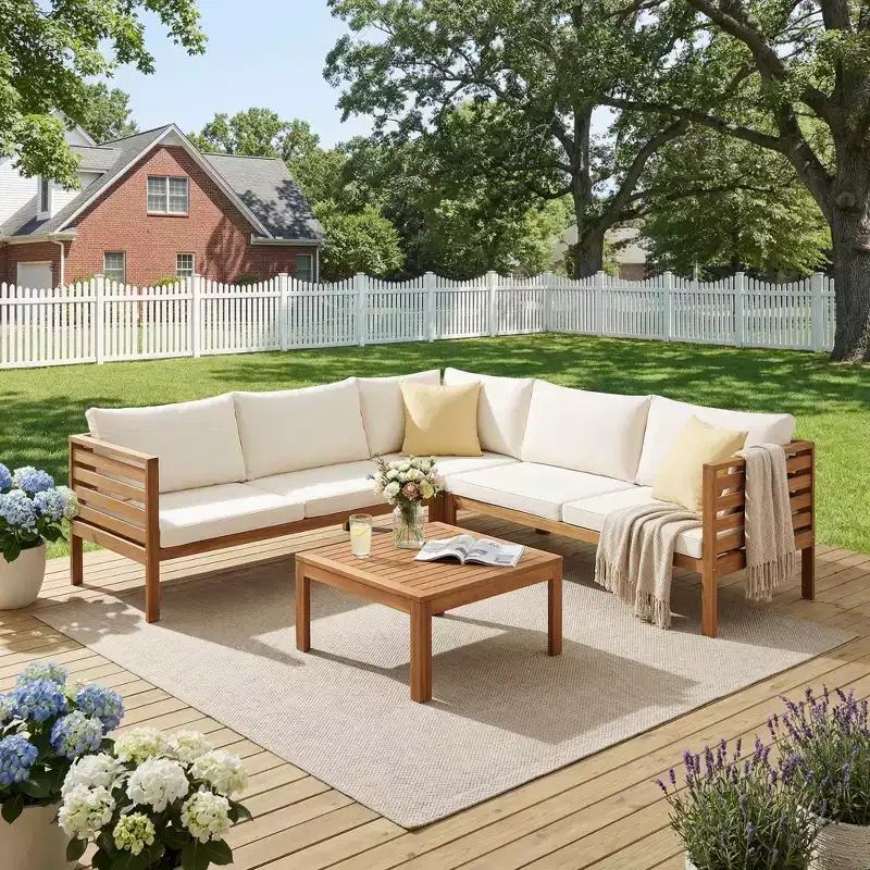 Whisen Patio Sectional Conversation Sofa, Acacia Wood Outdoor Sofa Couch Set, Patio Furniture Sets with Coffee Table & Water-Resistant Cushions