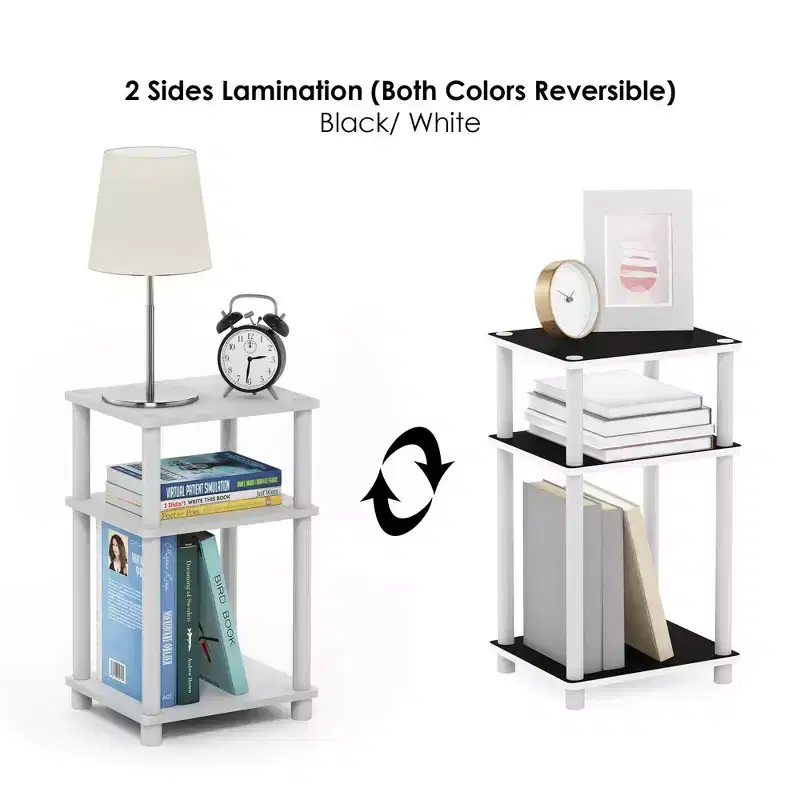 Furinno 2 PCS Nightstand 3-Tier Black/White Reversible Sofa Side End Table W/Open Storage Shelf