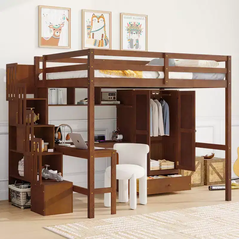 Whisen Full Size Loft Wood Bed Frame with Desk, Storage Shelves, Drawer, Built-in Staircase and Wardrobe