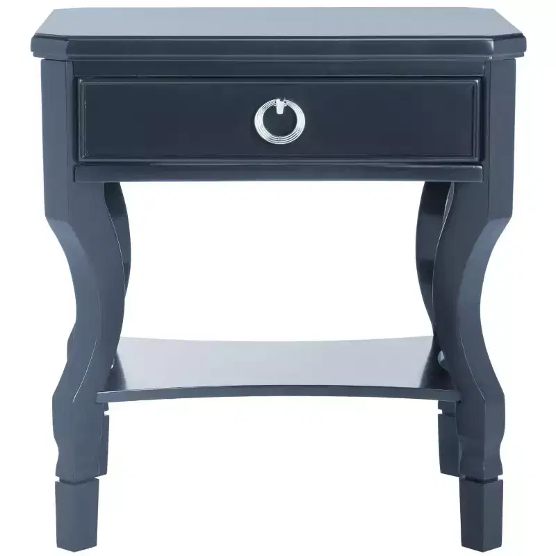 1-Drawer Nightstand, Rubberwood Bedside Table with Open Shelf and High-Gloss Iron Hardware