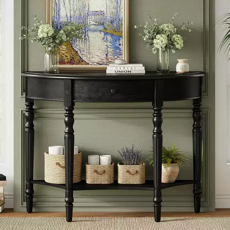 Polibi Farmhouse Crescent Entry Console with Drawer & Shelf