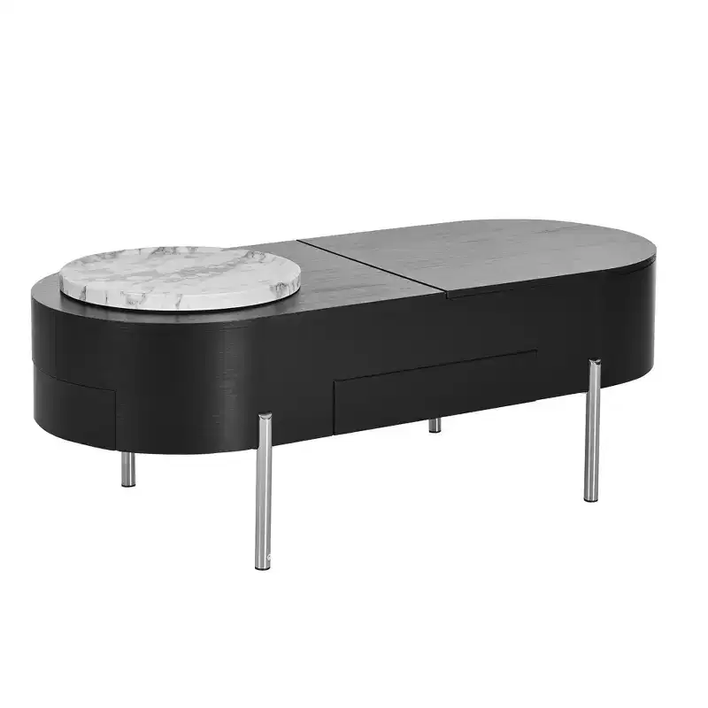 Lift Top Coffee Table Wooden Center Table with 360 Marble-patterned Rotating Tray, 3 Drawers and Hidden Compartment, Brown/Black-ModernLuxe