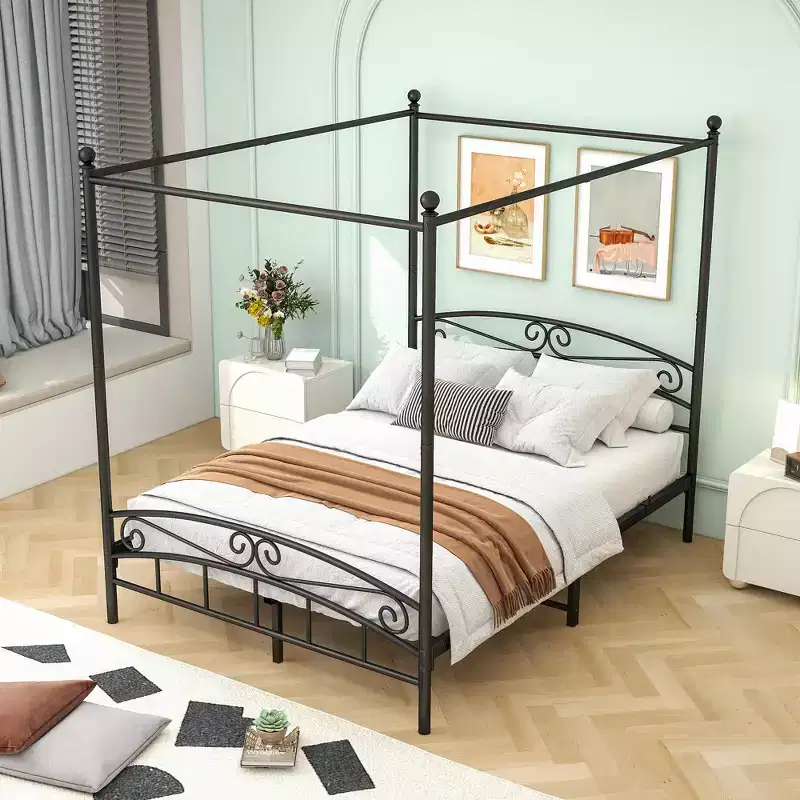 Queen Size Canopy Metal Bed Frame with Vintage Headboard and 12.4