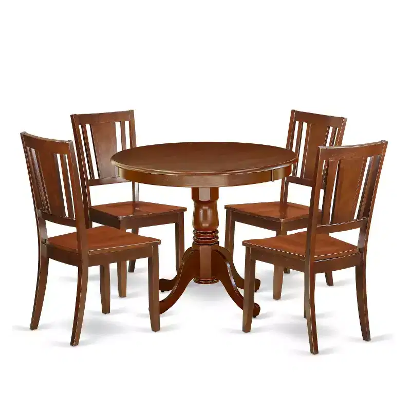 5Pc Dining Set - 36 Round Table & 4 Wood Chairs - Eclectic Style